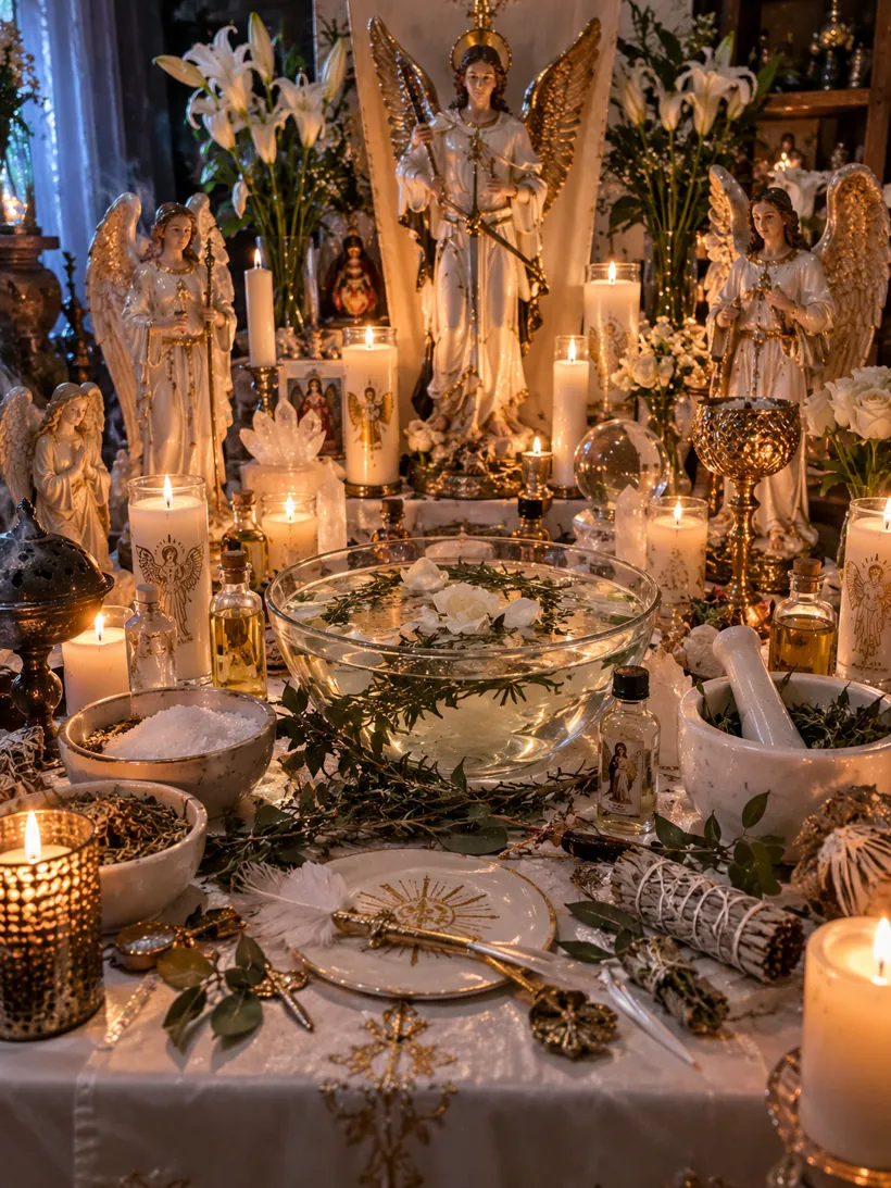 Altar de protección con arcángeles, agua bendita, sal y hierbas para quitar brujería