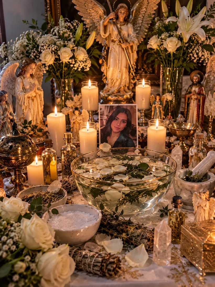 Limpieza espiritual a distancia con la foto de una mujer, agua con pétalos blancos, sal y hierbas en el altar