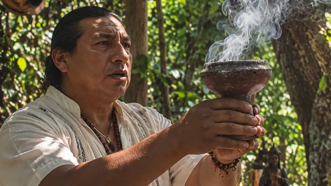 Curandero haciendo una limpieza espiritual con copal y sahumerio al aire libre
