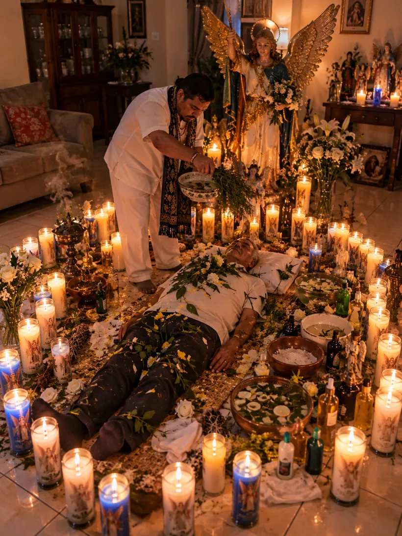 Curandero haciendo una limpieza espiritual con hierbas y agua bendita a un hombre rodeado de velas blancas y San Miguel Arcángel
