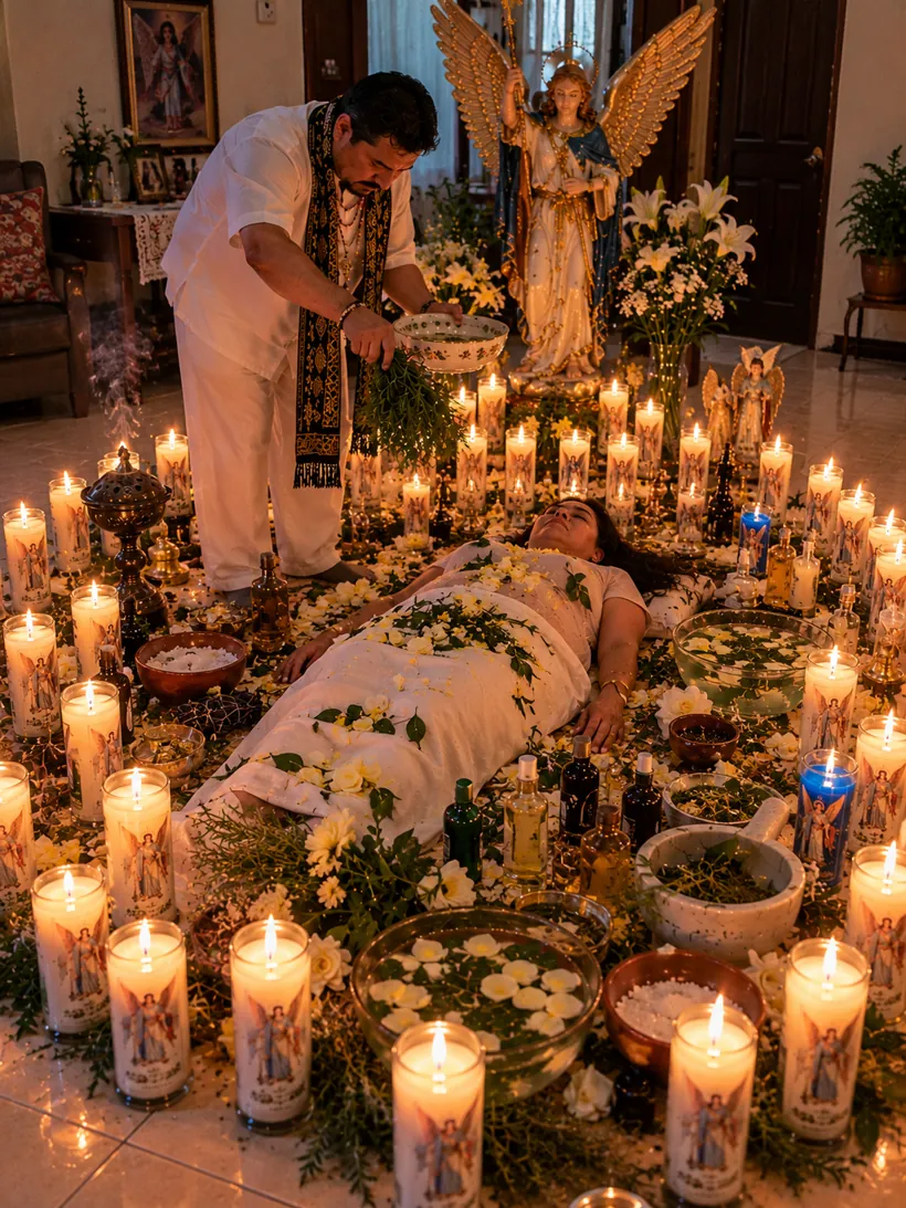 Limpieza espiritual a una mujer recostada entre velas de los arcángeles, hierbas y flores blancas