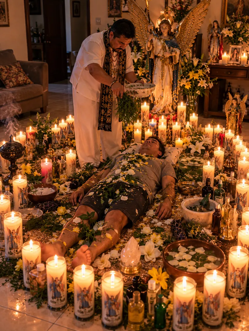 Curandero quitando brujería a un hombre con limpia completa de hierbas, agua bendita y velas de San Miguel Arcángel
